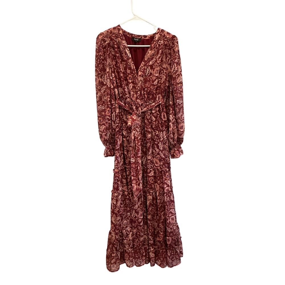 Fate Womens Long Sleeve Chiffon Maxi Dress S Red Dark Floral Boho Peasant Spring